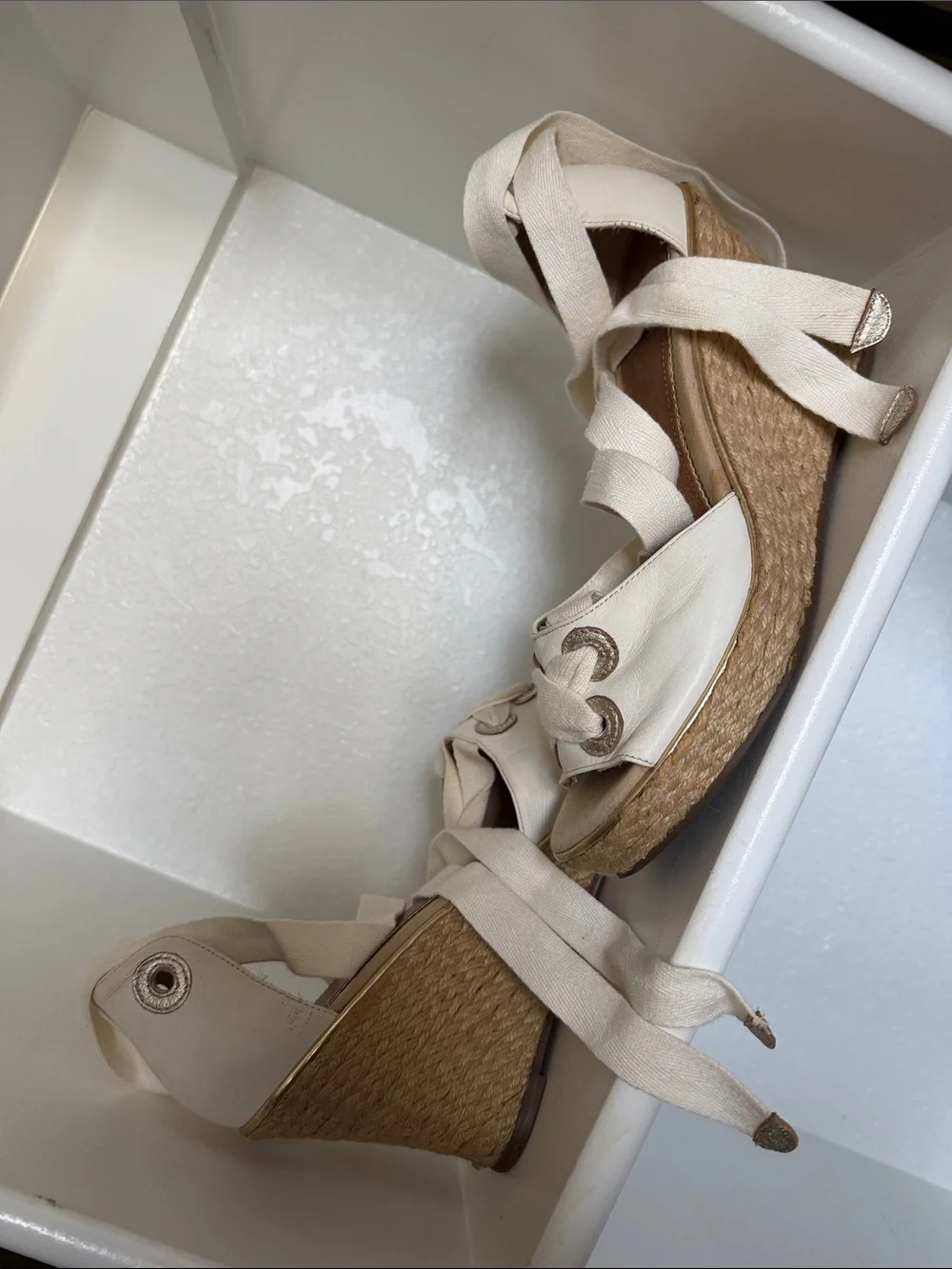 Sperry White and Gold Leather Lace-Up Espadrille Wedge Sandals